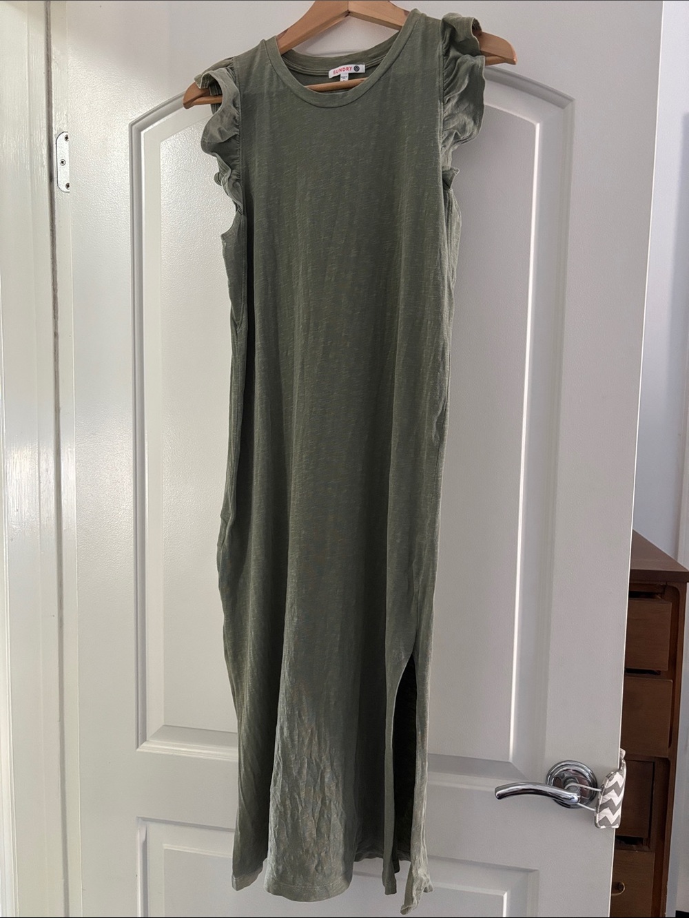 Sundry Olive Green Ruffle Sleeve Maxi Dress
